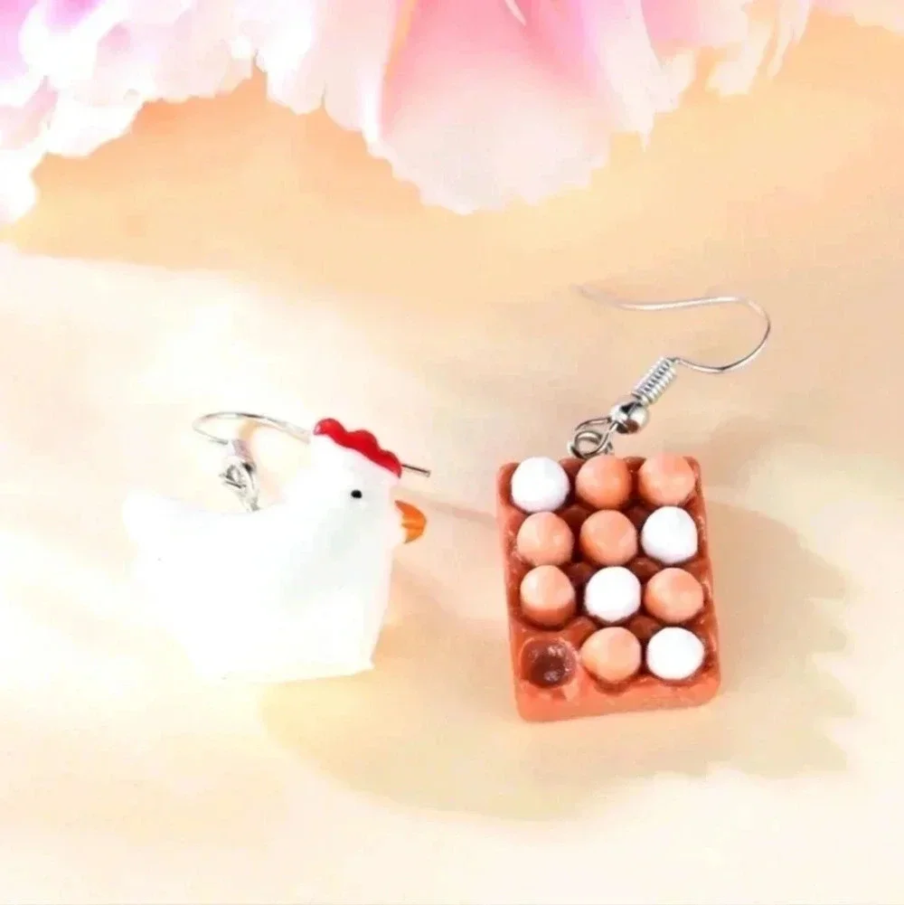 Chicken egg asymmetrical funny hen earrings jewelry fashion women's silver spark